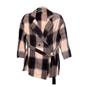 Shein Curve Buffalo Plaid Shacket Jacket Black White Blue Flannel Belted 3/4 Sle